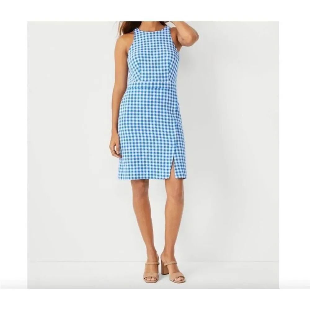 Ann Taylor gingham knit sheet dress, blue and white 8 tall